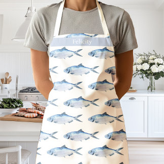 水彩青い魚の海岸 エプロン