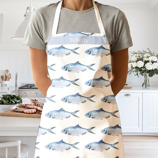 水彩青い魚の海岸 エプロン