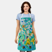 水彩青お洒落い花 エプロン (着用した状態)