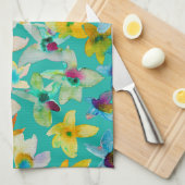 水彩青お洒落い花 キッチンタオル (四つ折り)