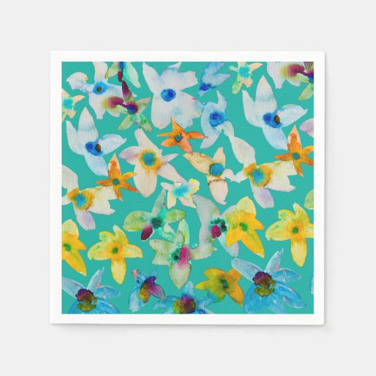 水彩青お洒落い花 スタンダードカクテルナプキン (正面)