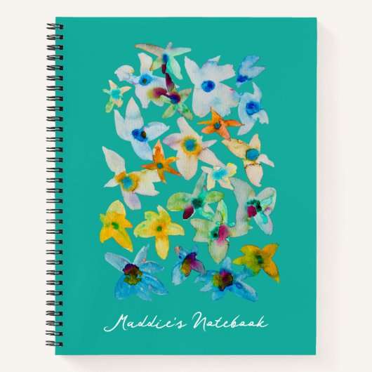 水彩青お洒落い花 ノートブック (正面)