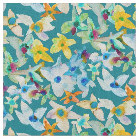 水彩青お洒落い花 ファブリック (クローズアップ)