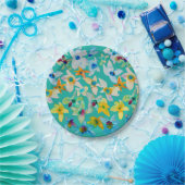 水彩青お洒落い花 ペーパープレート (パーティー)