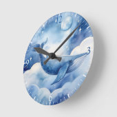 水彩青お洒落鯨 ラウンド壁時計 (傾斜)
