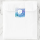 水彩青かわいらし紫モノグラム名 スクエアシール (バッグ)