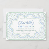 水彩青とセージ緑の少年の赤ちゃんシャワー 招待状 (正面)