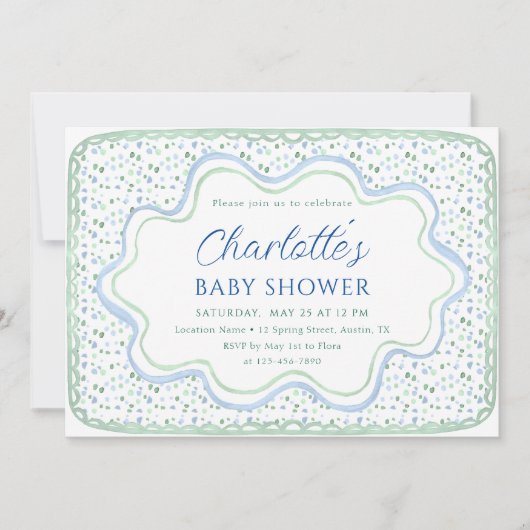水彩青とセージ緑の少年の赤ちゃんシャワー 招待状 (正面)