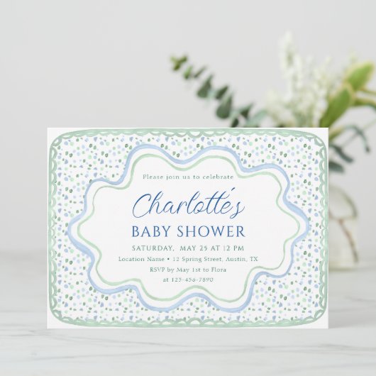 水彩青とセージ緑の少年の赤ちゃんシャワー 招待状 (スタンド正面)
