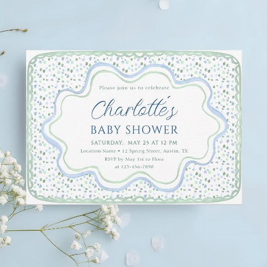 水彩青とセージ緑の少年の赤ちゃんシャワー 招待状