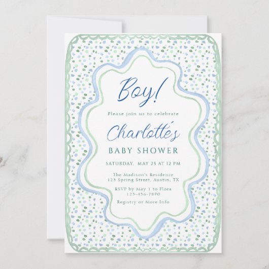 水彩青とセージ緑の赤ちゃんシャワー 招待状 (正面)