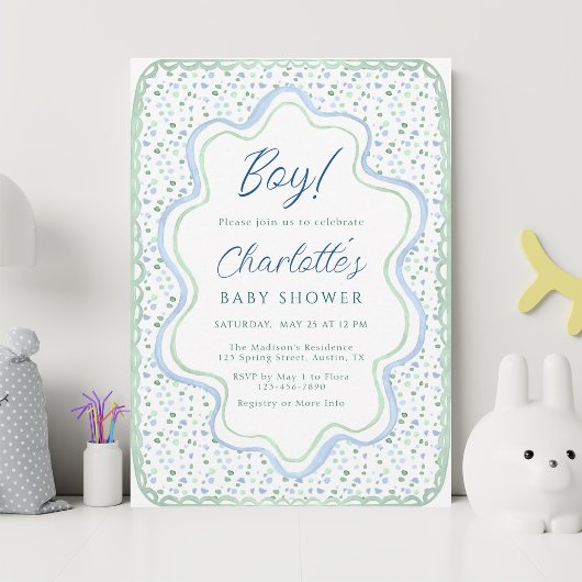 水彩青とセージ緑の赤ちゃんシャワー 招待状