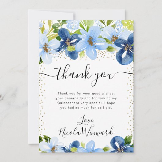 水彩青とネイビーの花キンセアニェラ サンキューカード (正面)