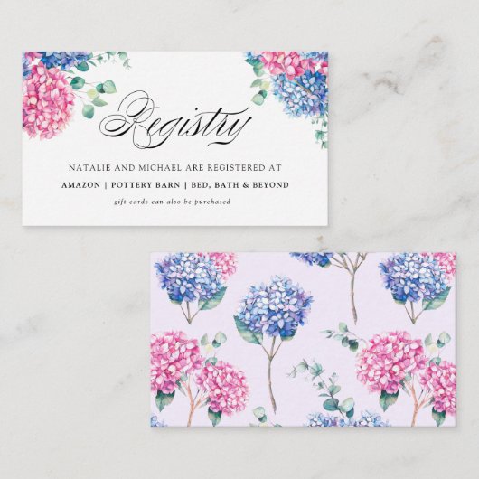 水彩青とピンクのハイドランジア 結婚登録カード エンクロージャーカード (正面/裏面)