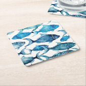 水彩青と海軍の魚 | 沿岸海飲料 スクエアペーパーコースター (アングル)