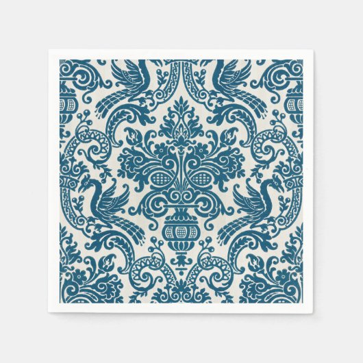 水彩青と白のフローラヴィンテージパターン スタンダードカクテルナプキン (正面)