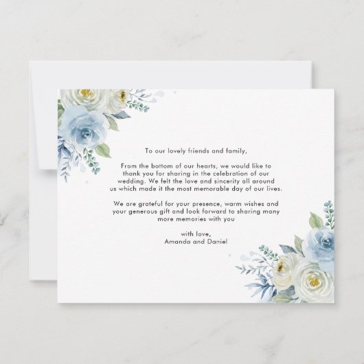 水彩青と白のフローラ結婚'  サンキューカード (裏面)