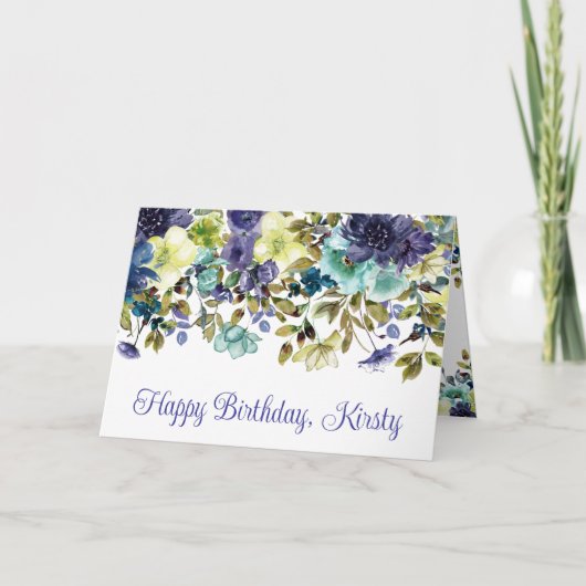 水彩青と白の冬の花の誕生日 カード (正面)