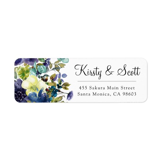 水彩青と白の花結婚の住所 ラベル (正面)