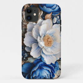 水彩青と白の花 iPhone 11 ケース
