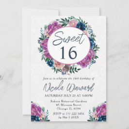 水彩青と紫のサマーリース スイート16 招待状