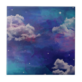 水彩青と紫の星空 タイル