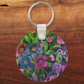 水彩青と紫、アネモネ水彩色 キーホルダー (正面)