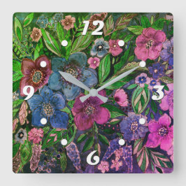 水彩青と紫、アネモネ水彩色 スクエア壁時計