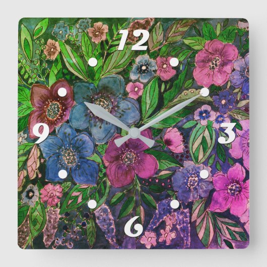 水彩青と紫、アネモネ水彩色 スクエア壁時計 (正面)