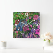 水彩青と紫、アネモネ水彩色 スクエア壁時計 (ホーム)