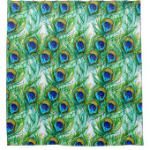 水彩青と緑の孔雀の羽のコラージュ シャワーカーテン (正面)