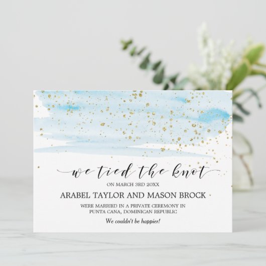 水彩青と金ゴールドの駆け落ち発表 案内状 (スタンド正面)