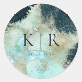 水彩青と金ゴールドエレガントなウェディングステッカー ラウンドシール (正面)