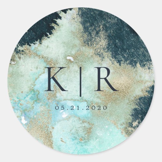 水彩青と金ゴールドエレガントなウェディングステッカー ラウンドシール (正面)