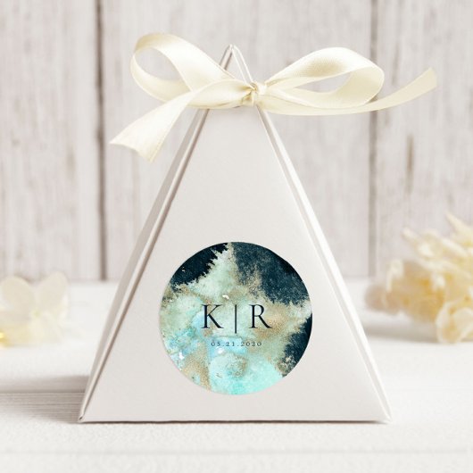 水彩青と金ゴールドエレガントなウェディングステッカー ラウンドシール