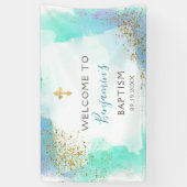水彩青と金ゴールドバプテスマ歓迎 横断幕 (縦)