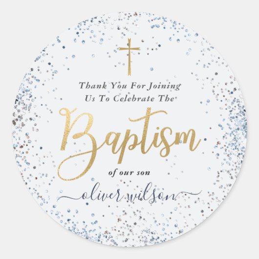水彩青と金ゴールドボーイバプテスマ ラウンドシール (正面)