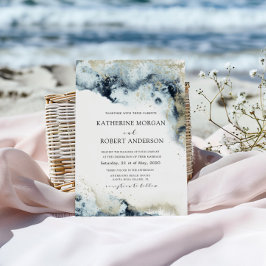 水彩青と金ゴールドミニマル結婚ズ 招待状