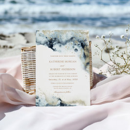 水彩青と金ゴールドミニマル結婚ズ 招待状