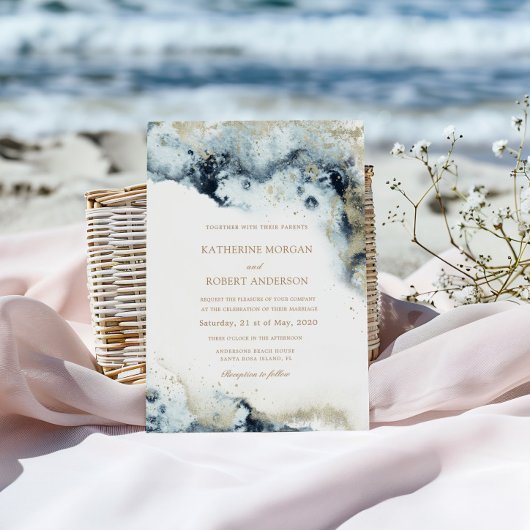 水彩青と金ゴールドミニマル結婚ズ 招待状