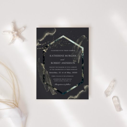 水彩青と金ゴールドミニマル結婚ズ 招待状