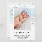 水彩青と金ゴールド写真誕生のお知らせ 案内状 (正面)