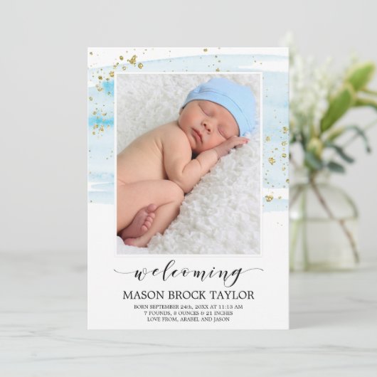 水彩青と金ゴールド写真誕生のお知らせ 案内状 (スタンド正面)