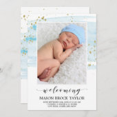 水彩青と金ゴールド写真誕生のお知らせ 案内状 (正面/裏面)