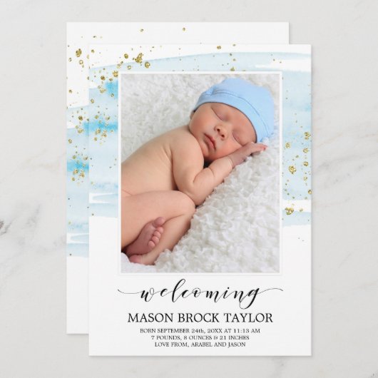 水彩青と金ゴールド写真誕生のお知らせ 案内状 (正面/裏面)
