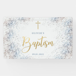 水彩青と金ゴールド洗礼歓迎  横断幕