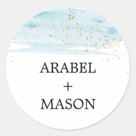 水彩青と金ゴールド結婚封筒用シール ラウンドシール