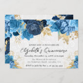 水彩青と金ゴールド花キンセアニェラ 招待状 (正面/裏面)