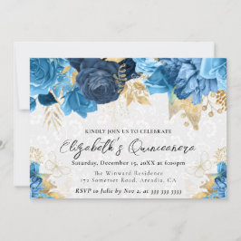 水彩青と金ゴールド花キンセアニェラ 招待状