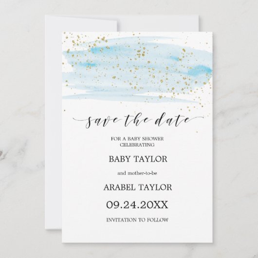 水彩青と金ゴールド赤ちゃんシャワー日付を保存 招待状 (正面)